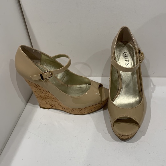 GUESS Nude Tan Platform Wedge Heel Patent Peep Toe Cork Sandal Ankle Strap - Picture 6 of 16